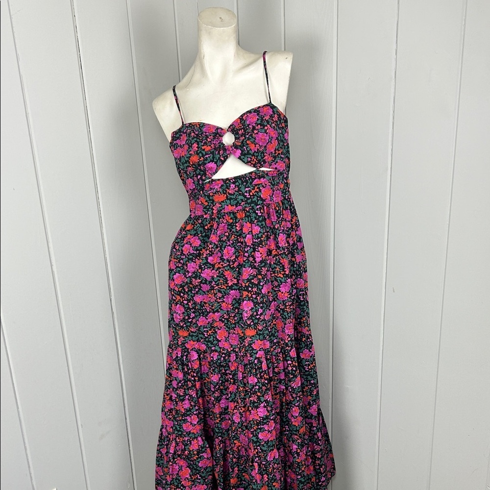 Fore Floral Tiered Boho Maxi Dress Cut Out medium Cotton Bohemian cottage core - Picture 2 of 11